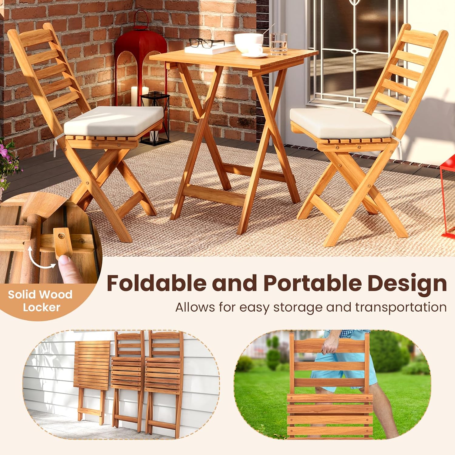 HAPPYGRILL 3-Piece Folding Bistro Set Acacia Wood Patio Furniture Set with Seat Cushions, Outdoor Square Table and Chairs Set of 2 for Backyard, Balcony, Porch, Garden (Back Style A)