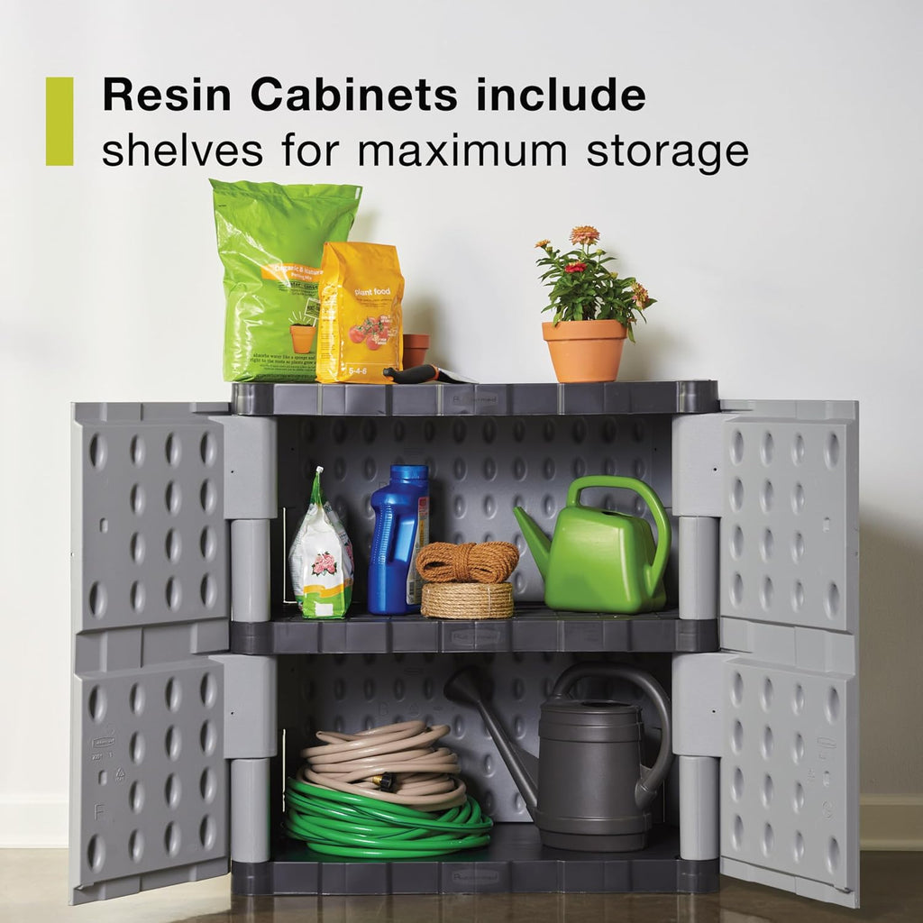 Rubbermaid Freestanding Storage Cabinet with Doors 18'D x 36'W x 37'H Medium Gray/Black Two-Shelf Lockable Cabinet for Indoor/Outdoor/Garage Storage for Garden Tools/Lawn Care Accessories
