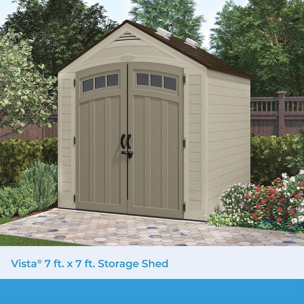 Suncast Vista 7x7 Storage Shed with Multi-Wall Resin Panels, 4 Skylights, IllumiVent System, and Pad-Lockable Doors, 84' D x 84' W x 98' H, Made in The USA