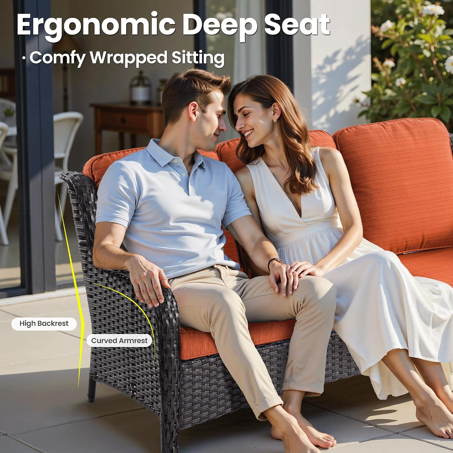 ovios 5-Piece Patio Furniture Set with Swivel Chairs Side Table, Outdoor Wicker Sofa with 42' Fire Pit Table, High Back Couch Modern Conversation Sets, Brown/Orange Red
