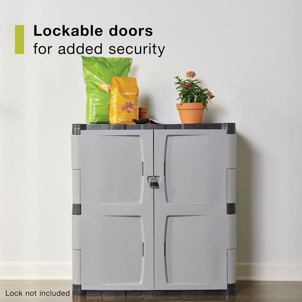 Rubbermaid Freestanding Storage Cabinet with Doors 18'D x 36'W x 37'H Medium Gray/Black Two-Shelf Lockable Cabinet for Indoor/Outdoor/Garage Storage for Garden Tools/Lawn Care Accessories