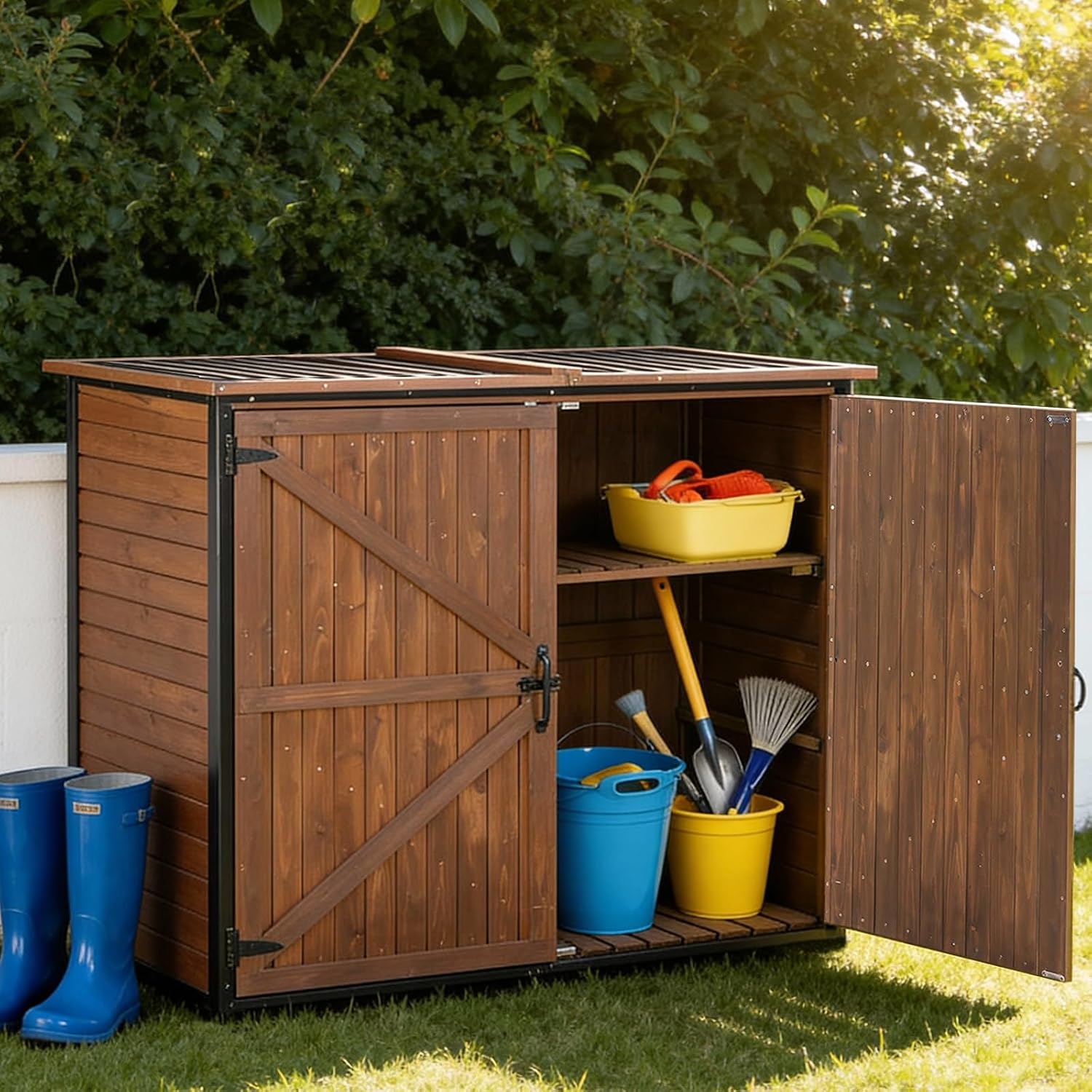 Gutinneen Outdoor Storage Shed Cabinet with Strong Iron Frame Large Wooden Garden Shed Tool House with Adjustable Shelfs,Medium
