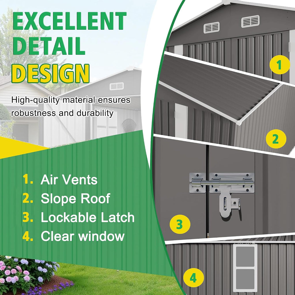 10x12 FT Outdoor Storage Shed with Windows, Metal Sheds & Outdoor Storage with Lockable Door and 4 Vents, Outside Storage Shed Waterproof for Backyard, Garden, Patio, Gray