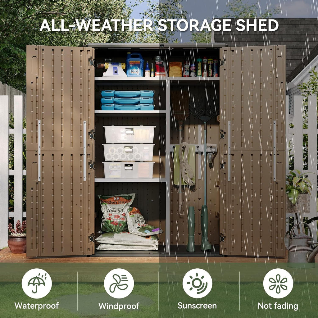Aoxun Outdoor Storage Shed with Metal Shelving Kit & Floor, 64 Cu.Ft Large Outdoor Storage Cabinet, Waterproof Vertical Resin Shed for Garden Tools, Pool Equipment, Brown