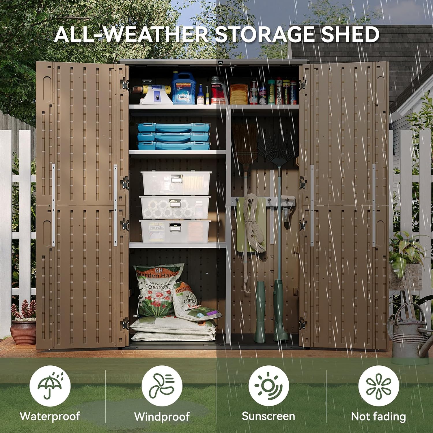 Aoxun Outdoor Storage Shed with Metal Shelving Kit & Floor, 64 Cu.Ft Large Outdoor Storage Cabinet, Waterproof Vertical Resin Shed for Garden Tools, Pool Equipment, Brown