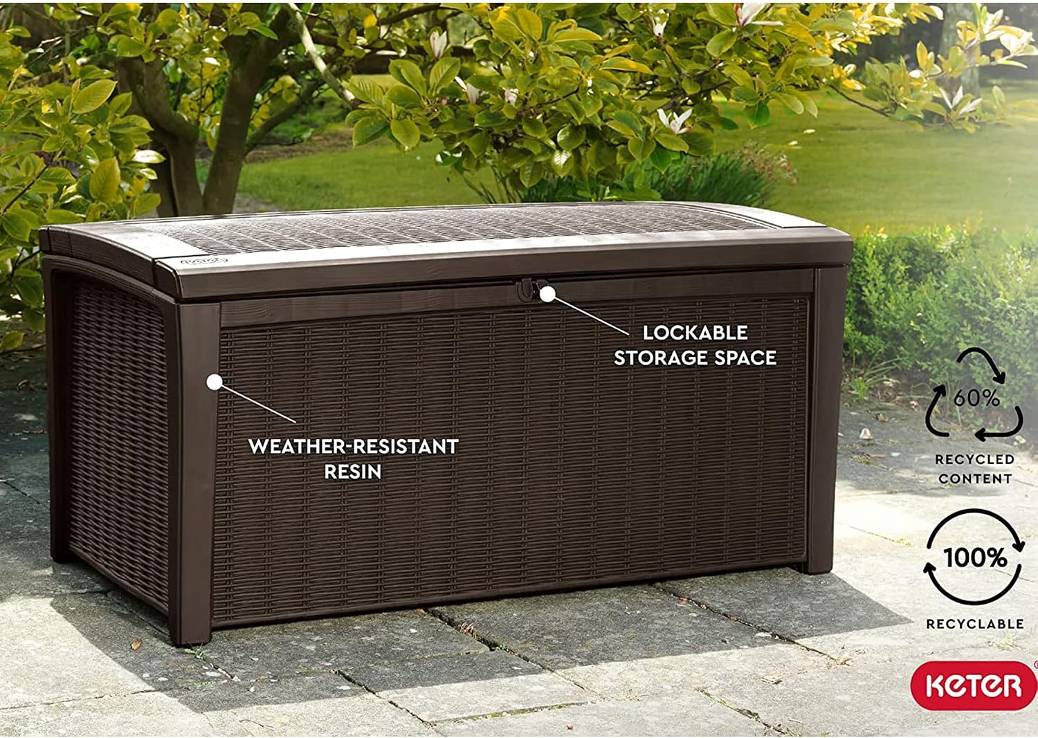 Keter Borneo 110 Gallon Resin Deck Box - Organization and Storage for Patio Furniture, Outdoor Cushions, Throw Pillows, Garden Tools and Pool Toys, Brown