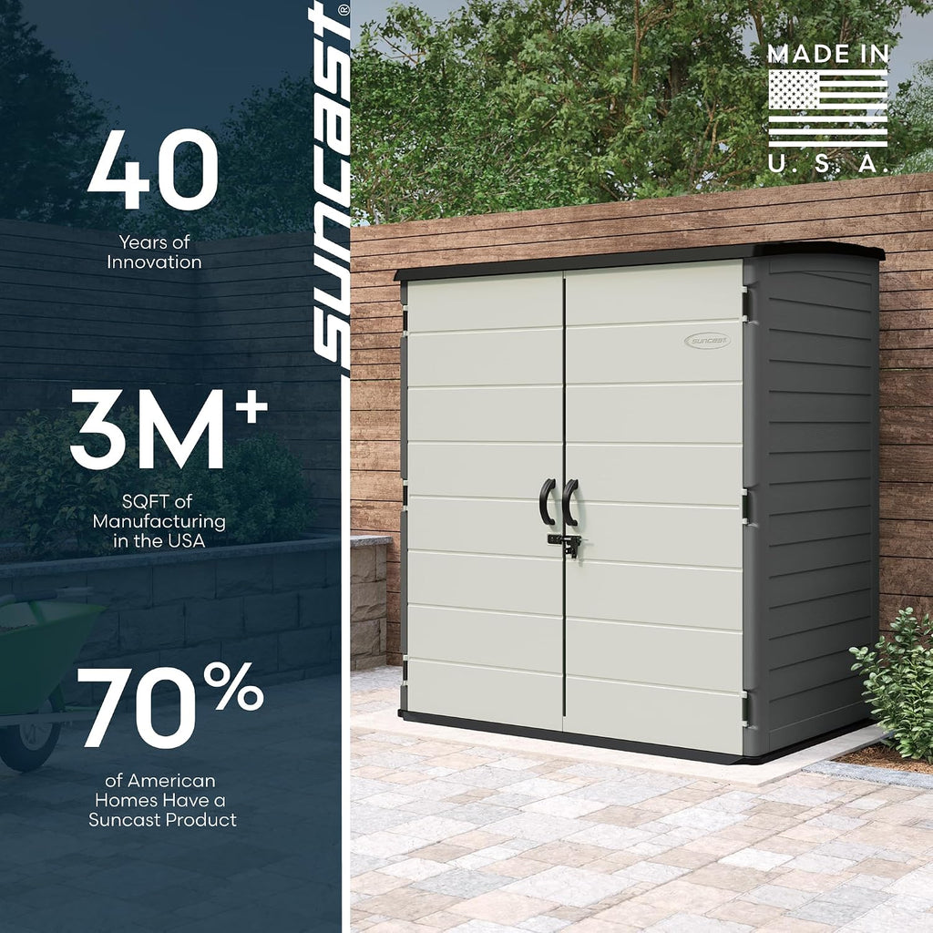 Suncast 106 Cu Ft Extra Large Vertical Outdoor Storage Shed - Resin Shed & Outdoor Storage with Floor and Lockable Double Doors, Weatherproof for Garden Tools, Pool Equipment, & Patio Cushions