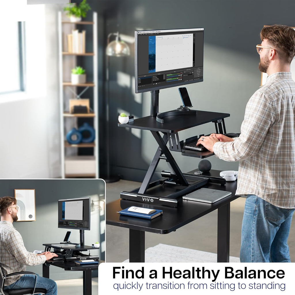 VIVO 32 inch Electric Motor Desk Converter, Height Adjustable Riser, Sit to Stand Dual Monitor and Laptop Workstation with Wide Keyboard Tray, Black, DESK-VE32B