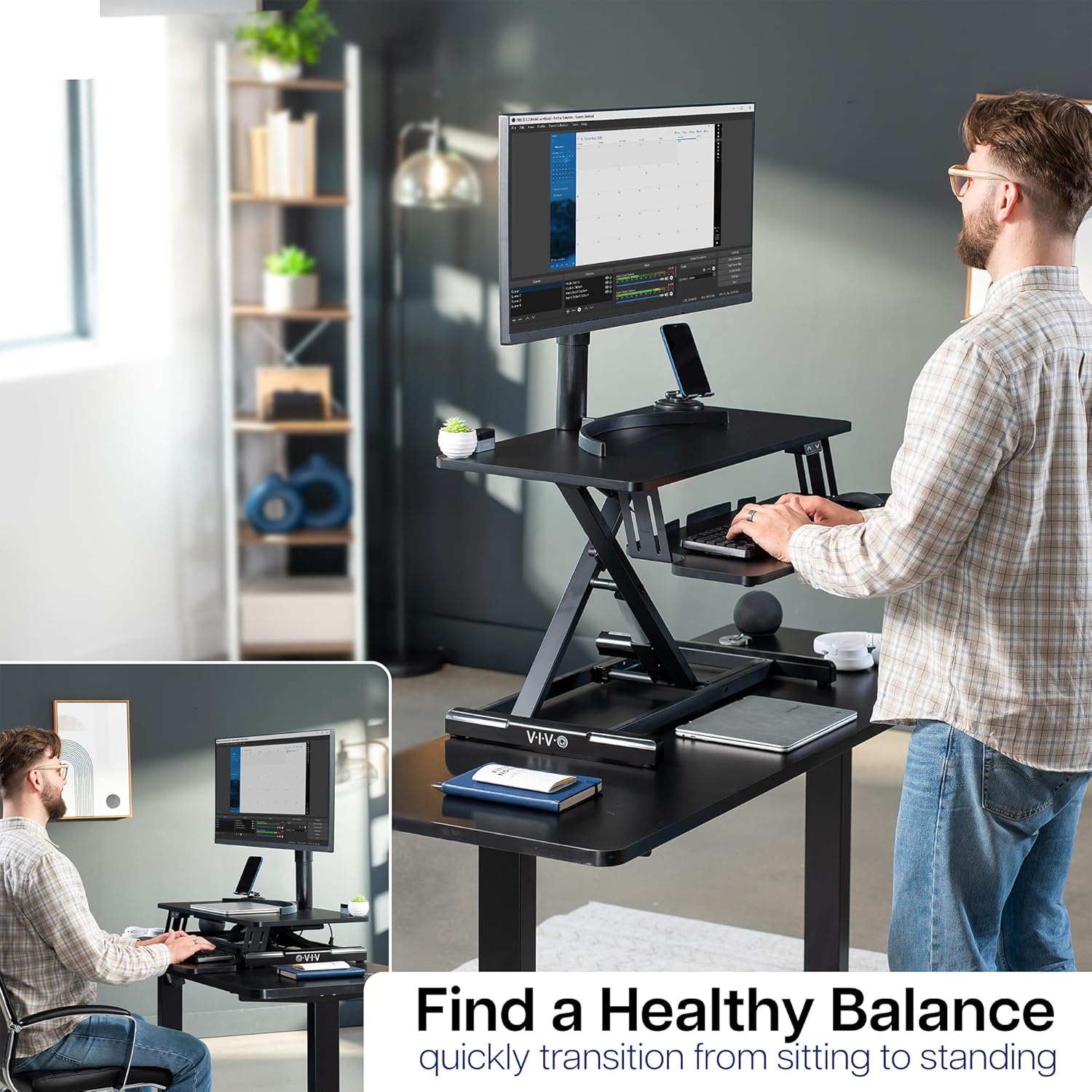 VIVO 32 inch Electric Motor Desk Converter, Height Adjustable Riser, Sit to Stand Dual Monitor and Laptop Workstation with Wide Keyboard Tray, Black, DESK-VE32B
