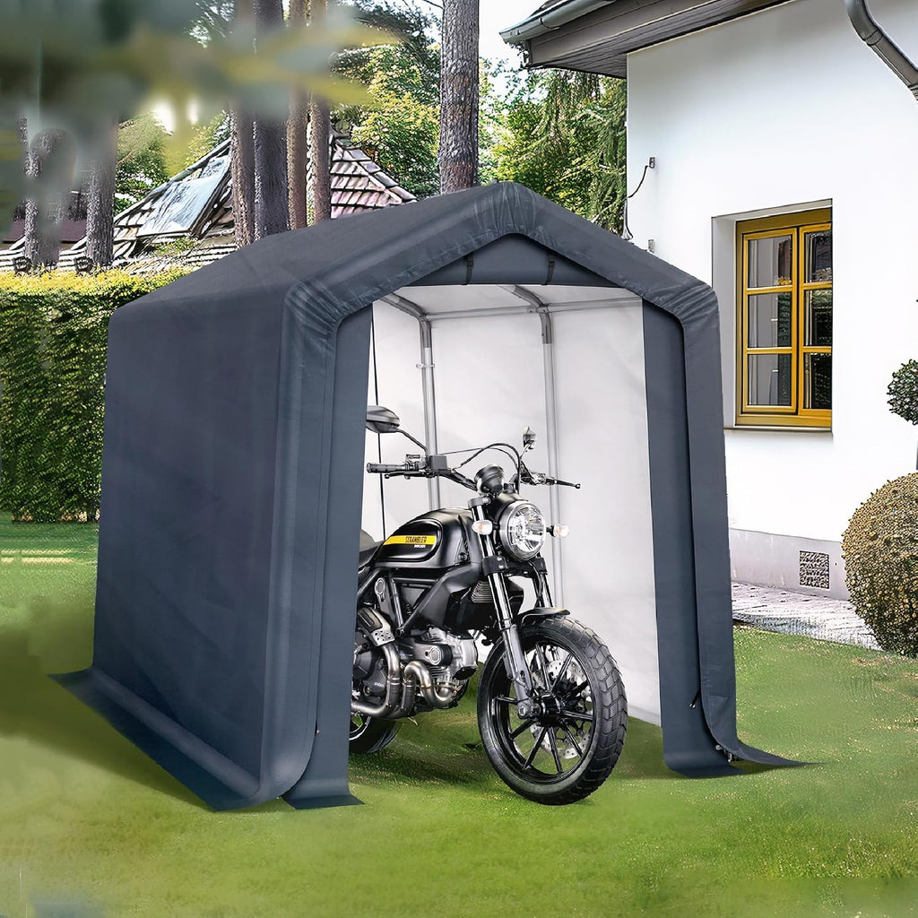 PHI VILLA 6x10ft Storage Shelter Shed, Portable Carports Outdoor Garage Canopy with Roll up Zipper Doors & Vents Waterproof UV Resistant Garages Tent for Cars,Boats,Tools, Motorcycle, Gray