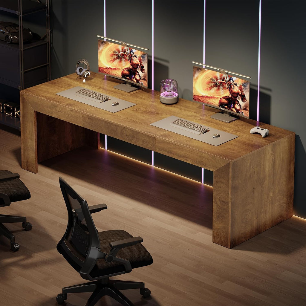 Tribesigns 78.7-Inch Long Computer Desk for 2 People, Farmhouse Executive Desk with Wooden Desktop and Legs, Large Workstations Writing Table Gaming Table for Home Office, Heavy Duty, Brown