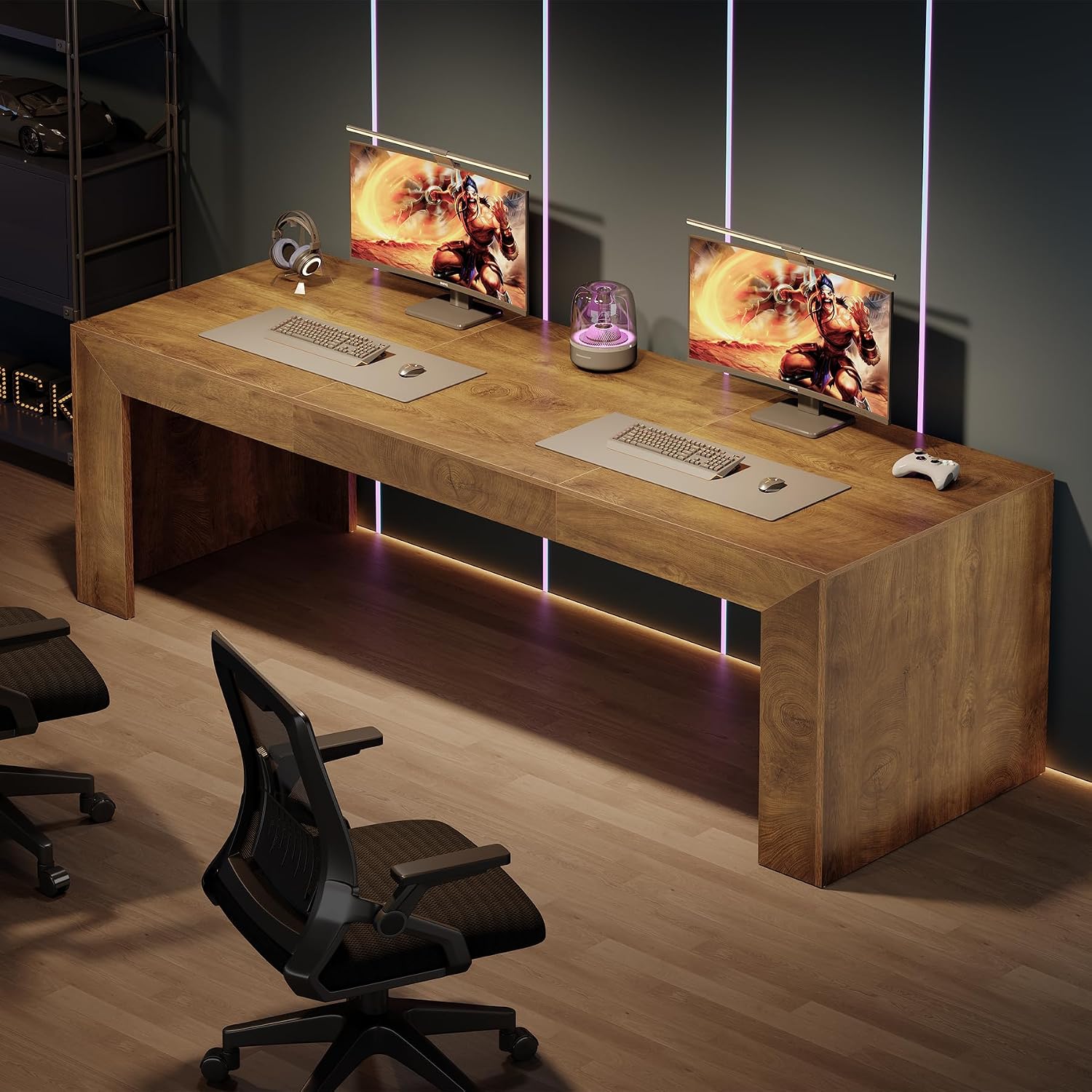 Tribesigns 78.7-Inch Long Computer Desk for 2 People, Farmhouse Executive Desk with Wooden Desktop and Legs, Large Workstations Writing Table Gaming Table for Home Office, Heavy Duty, Brown