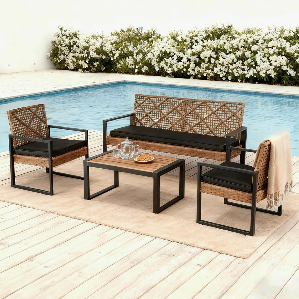 COOS BAY Haven Lounge 4 Piece Rattan Patio Furniture Set, Outdoor Wicker Patio Conversation Set for Balcony & Backyard, Light Brown/Black