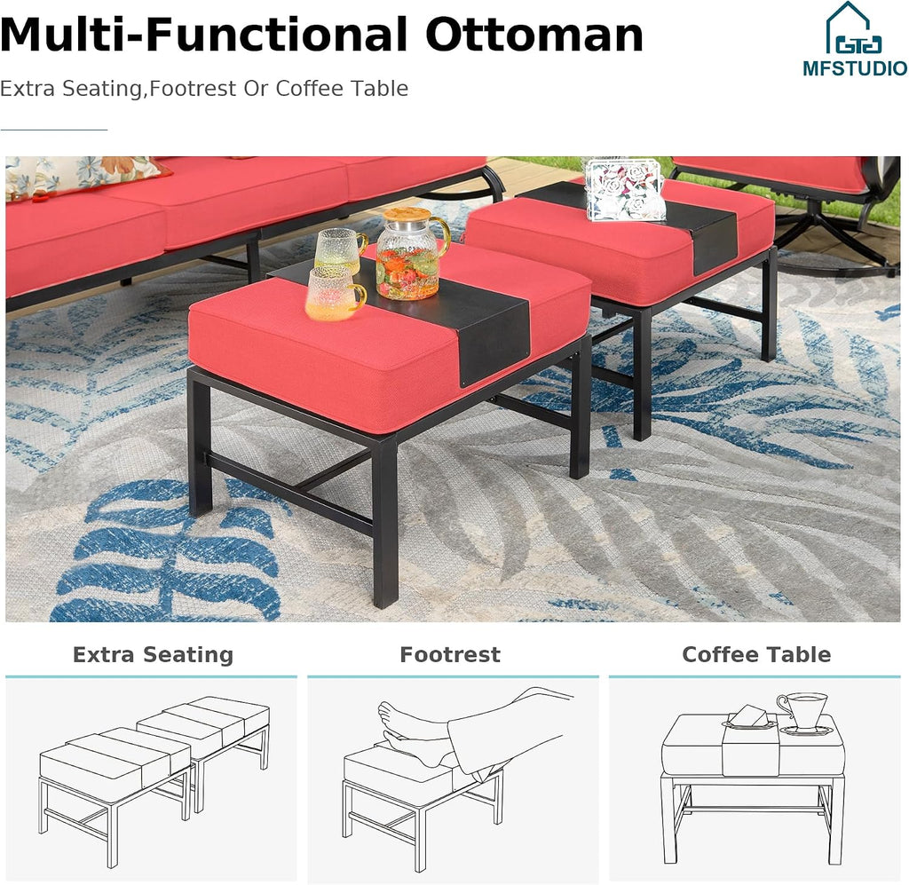 MFSTUDIO 6 Pieces Metal Patio Furniture Sets, 2 Swivel Chair, 1 Deep Seating 3-Seat Sofa, 2 Ottoman & 1 Marbling Coffee Table, All Weather 7 Seats Outdoor Conversation Set for Garden, Burgundy Red