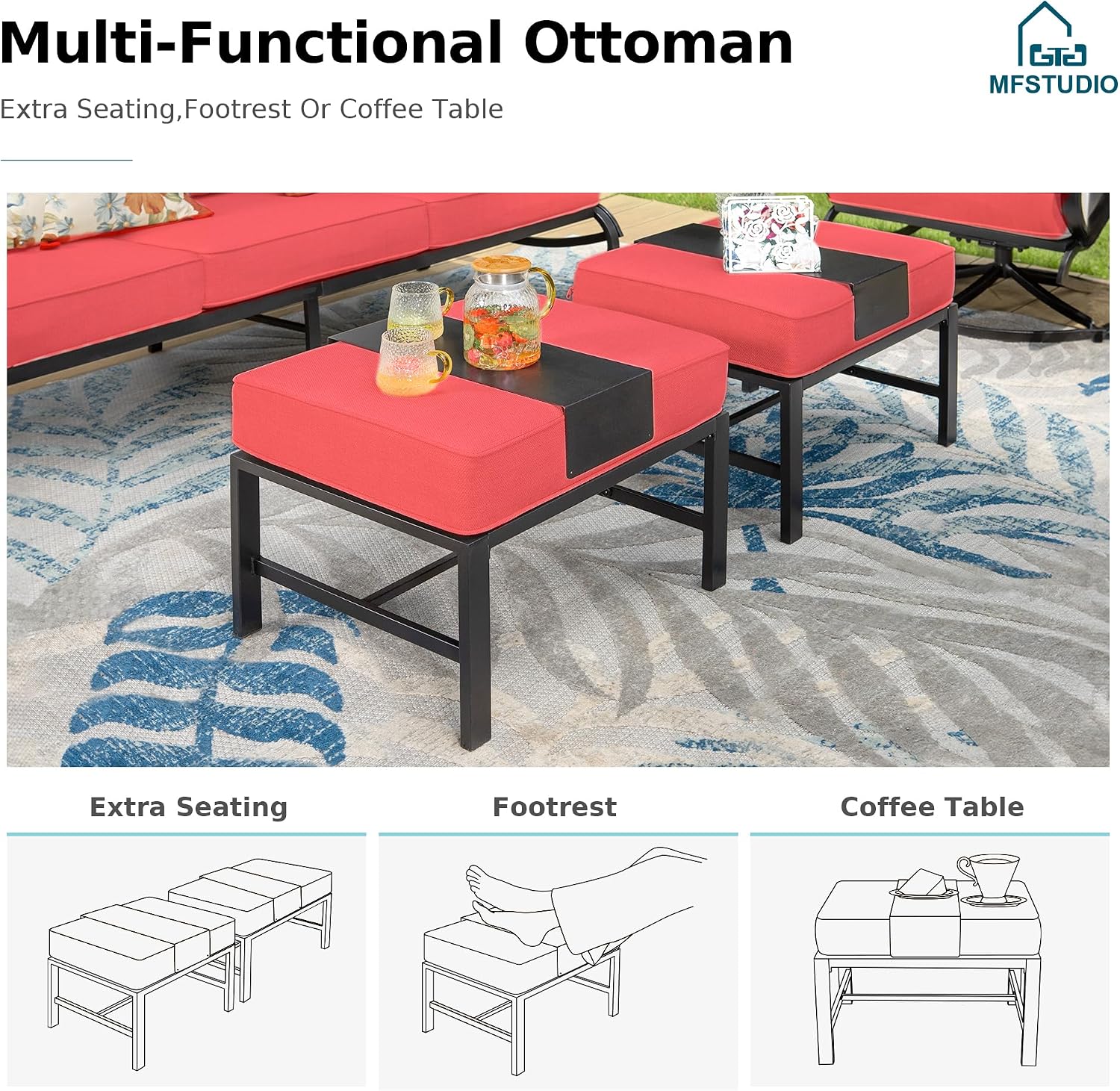 MFSTUDIO 6 Pieces Metal Patio Furniture Sets, 2 Swivel Chair, 1 Deep Seating 3-Seat Sofa, 2 Ottoman & 1 Marbling Coffee Table, All Weather 7 Seats Outdoor Conversation Set for Garden, Burgundy Red