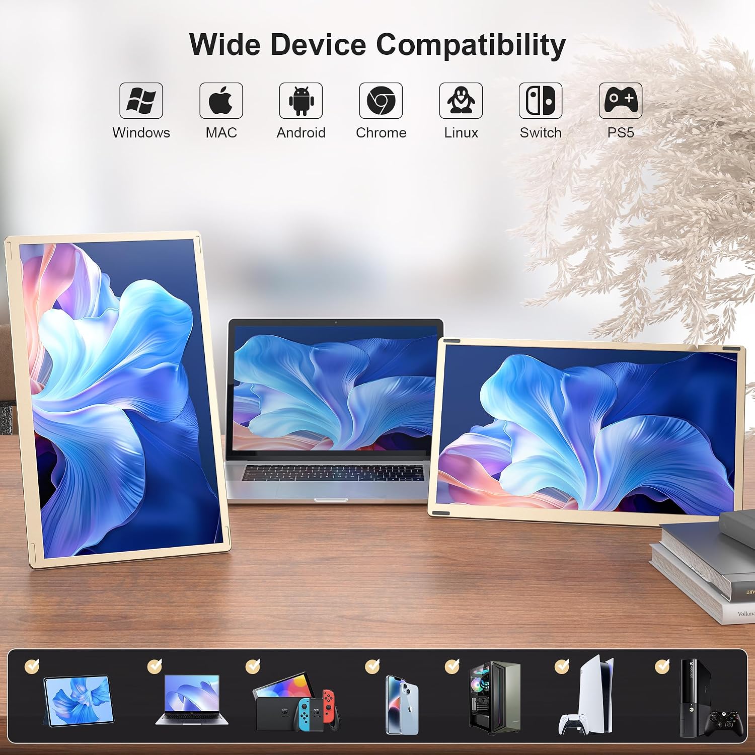 15.6' Laptop Screen Extender, Laptop Monitor Extender 120% sRGB FHD 1080P IPS Type-C/HDMI/USB-A Plug & Play Portable Triple Monitor for 13'-17' Laptops Compatible with Mac, Wins, Android, Chrome