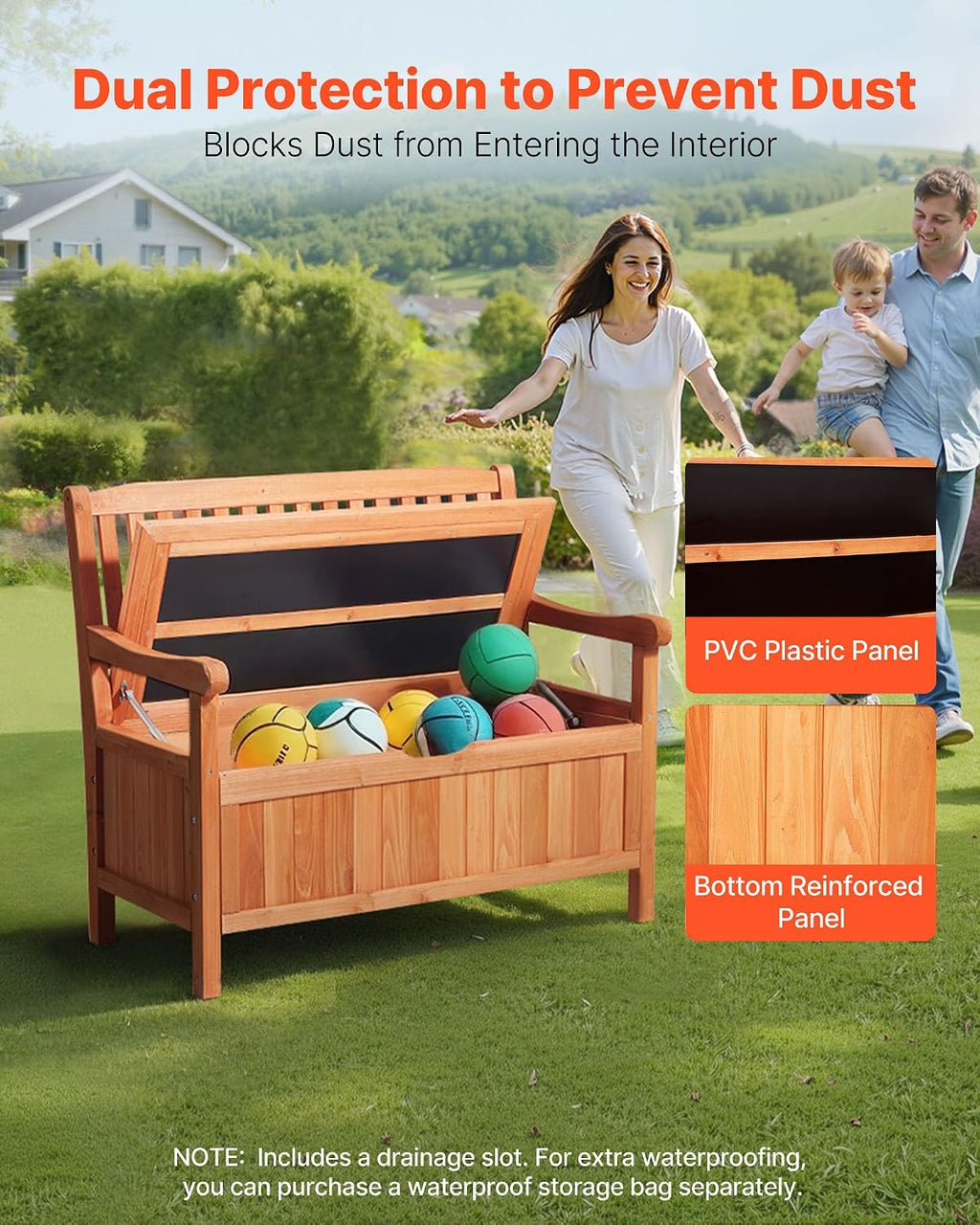 VEVOR Outdoor Storage Bench, 2-Person Wooden Storage Bench, 33 Gallons Deck Box with Side Handle, Supports up to 705 lbs, Outdoor Seating & Porch Decor, for Patio Garden Balcony Yard