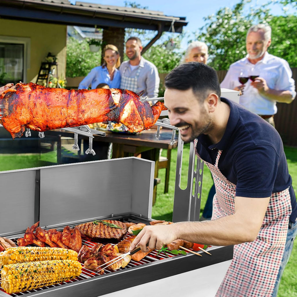 132lbs Outdoor Rotisserie Grill with Back Cover Guard, Small Pig Whole Lamb Stainless Steel Rotisserie Roaster, 37' BBQ Charcoal Rotisserie Roaster Grill