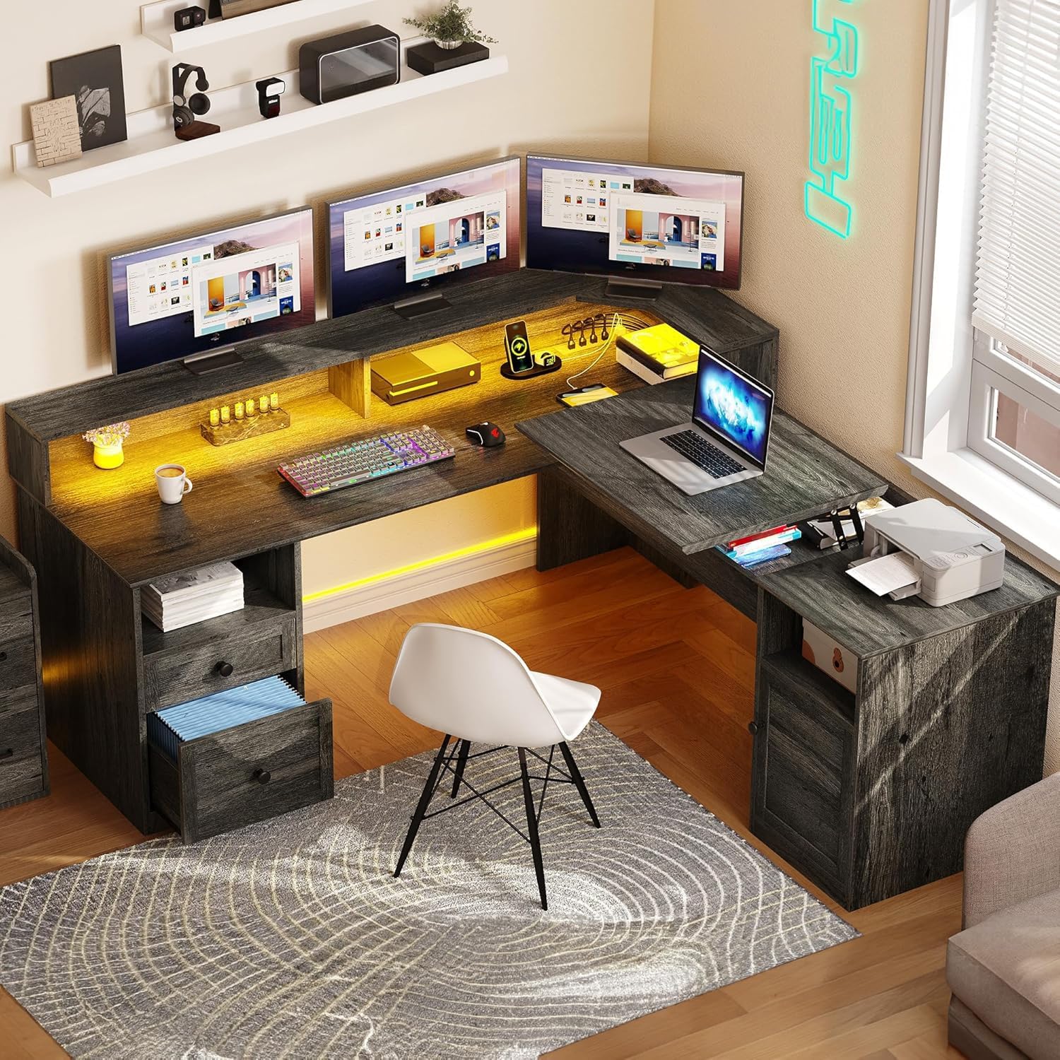 YITAHOME L Shaped Desk with Power Outlets & LED Lights, 60' Corner Computer Desk with Drawers & Lift Top, Home Office Desk with Monitor Stand & File Cabinet, Wood Height Adjustable Desk, Grey