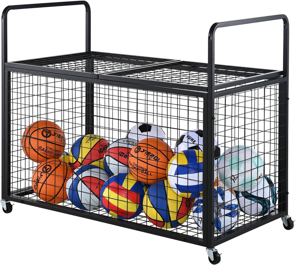 VEVOR Rolling Sports Ball Storage Cart, Lockable Basketball Cage with Double Lids, Sport Equipment Holder Organizer for Indoor Outdoor, Steel Storage Rack for Garages, Playgroup, Gym and Schools