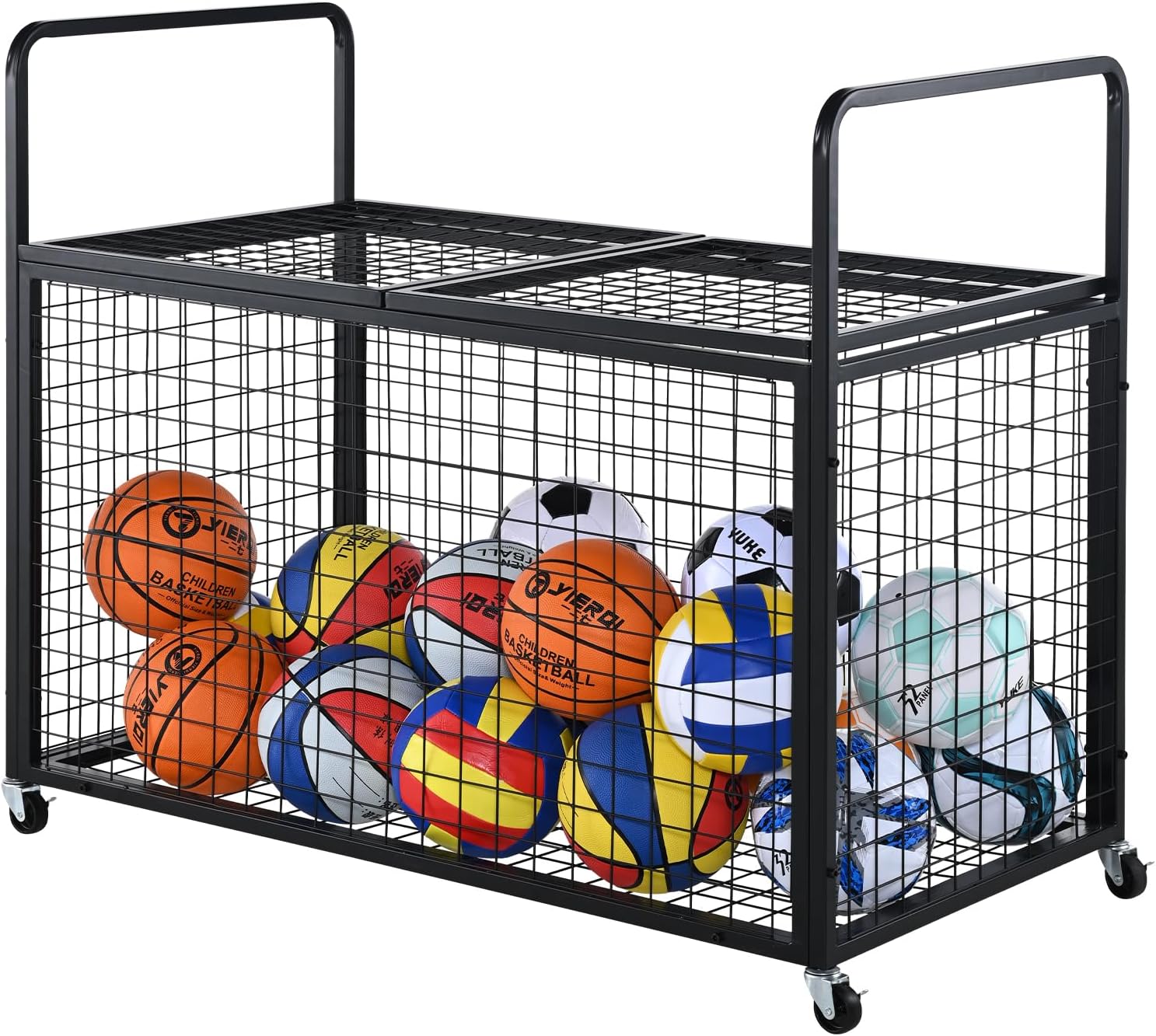 VEVOR Rolling Sports Ball Storage Cart, Lockable Basketball Cage with Double Lids, Sport Equipment Holder Organizer for Indoor Outdoor, Steel Storage Rack for Garages, Playgroup, Gym and Schools