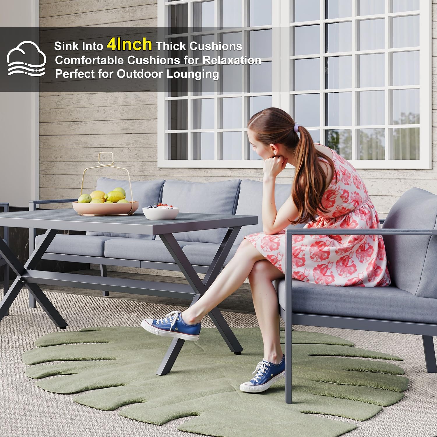 All Aluminum 3-Seater Sofa Outdoor Patio Three Seat Sofa Weatherproof Leisure Couch for Garden Backyard Grey