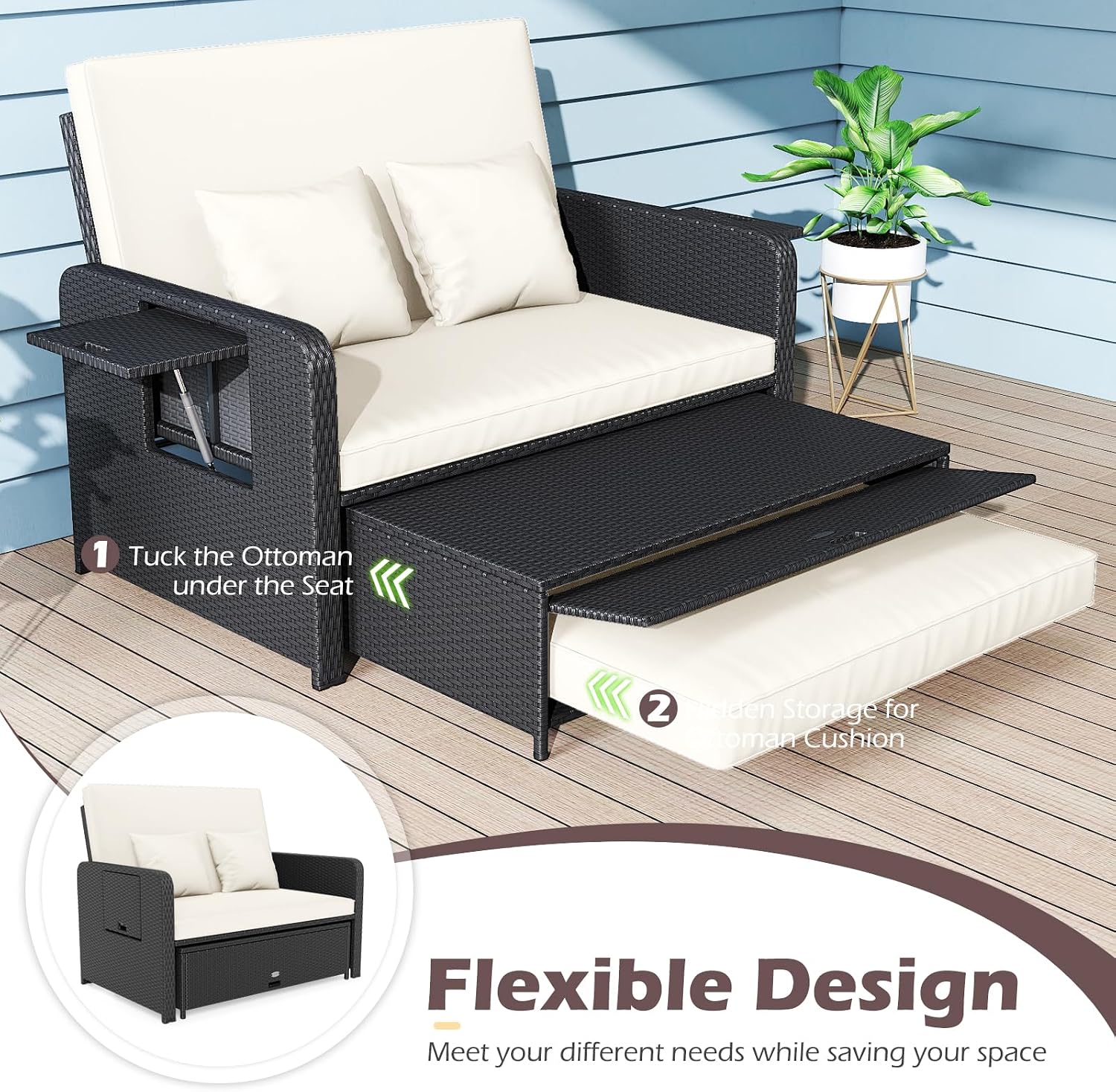 Tangkula Patio Rattan Daybed with 4-Level Adjustable Backrest, Outdoor PE Wicker Loveseat with Storage Ottoman & Folding Side Tray, Double Sunbed Lounger for Balcony, Backyard & Poolside (White)