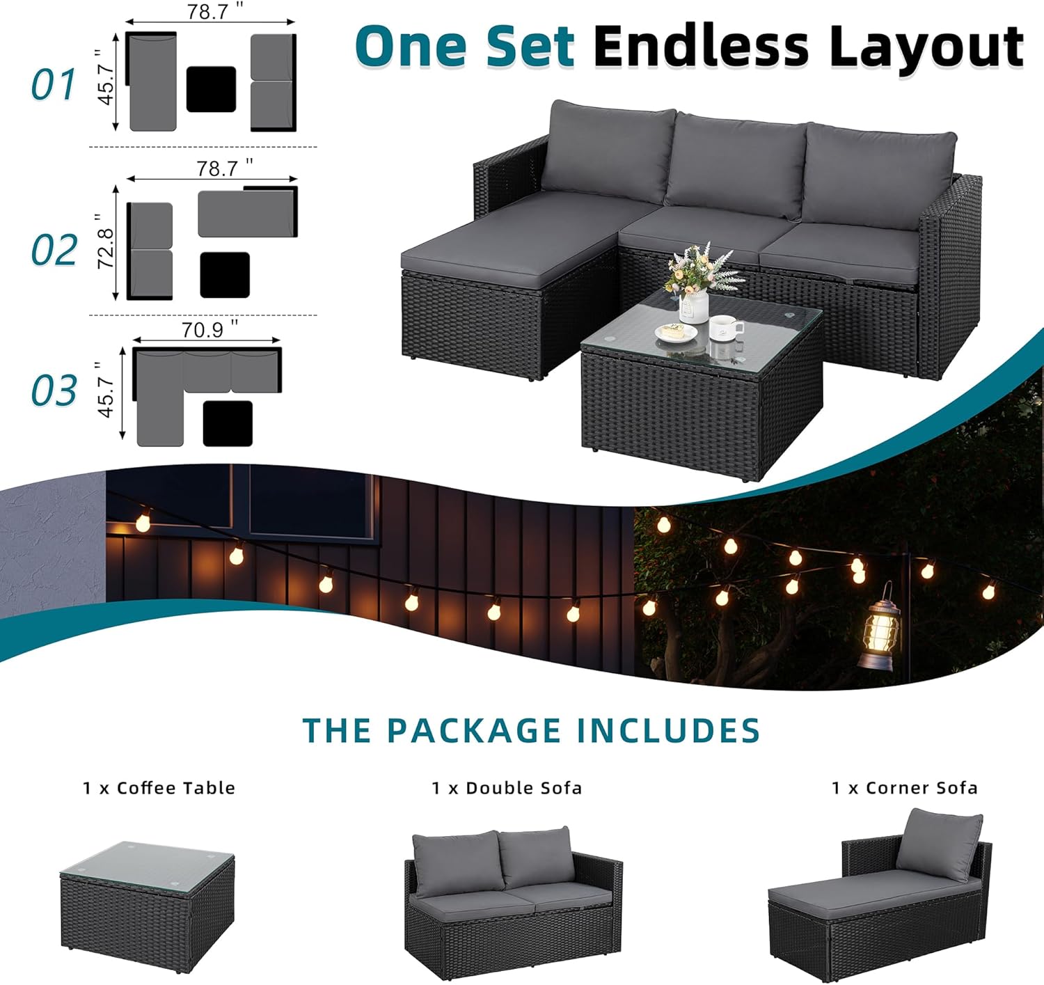 SUNLEI Patio Furniture Set with Detachable Soft Cushions, All Weather Outdoor PE Rattan Patio Conversation Sofa Set, Black Rattan/Grey