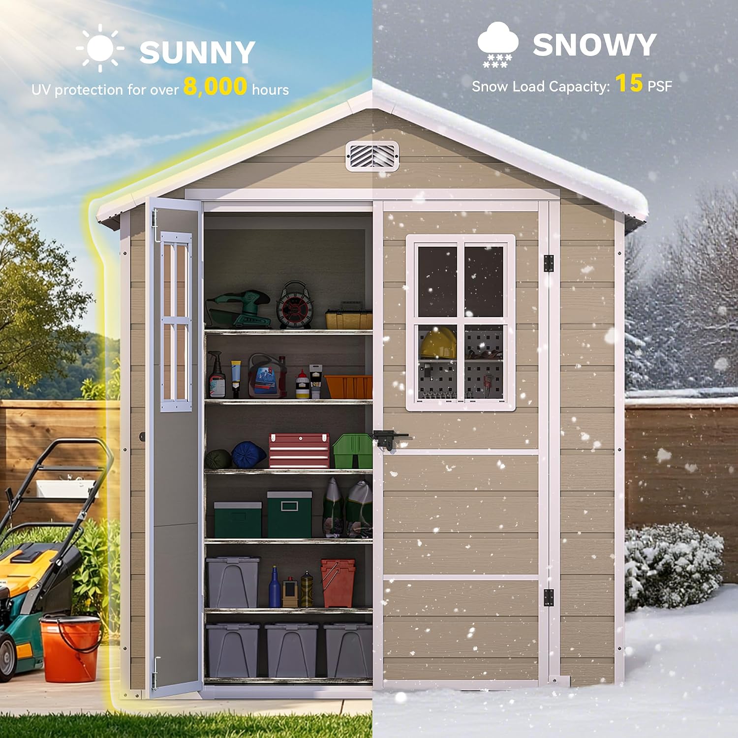 DWVO 6x4.4 FT Outdoor Storage Shed, Plastic Garden Tool Shed with 2 Windows, Double-Wall Outside Shed for Lawn Mower, Garden Tool for Backyard, Patio, Lockable, Beige