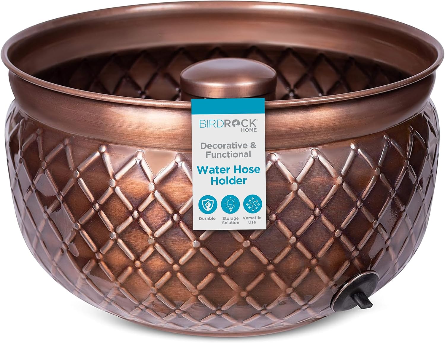 BIRDROCK HOME Water Hose Holder - Decorative Metal Pot, Indoor or Outdoor, Garden Storage Organizer, Patio Portable Bucket - Embossed Steel w/Copper Accents, Holds up to 100ft Hoses