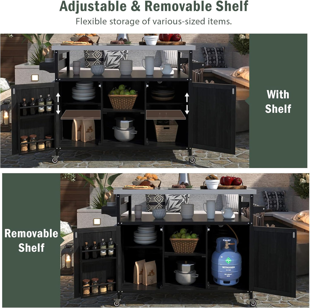 50.25' W Black Grill Cart with Stainless Steel Tabletop - Outdoor Storage Cabinet for BBQ, Bar Patio Kitchen Island with Ample Storage and Lockable Wheels