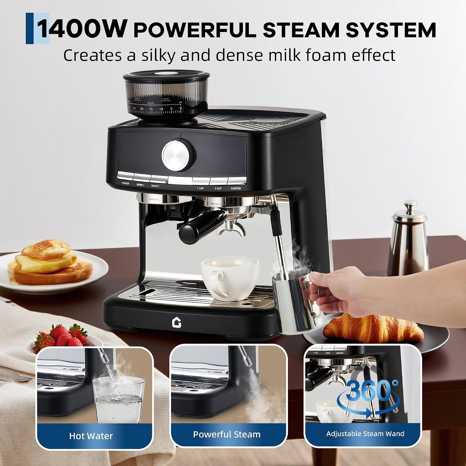 TROPOW Espresso Machine with Grinder - 20 Bar Pressure Professional, Stainless Steel Coffee Maker with Milk Frother, 1.5l Removable Water Tank for Latte, Cappuccino, Home & Office