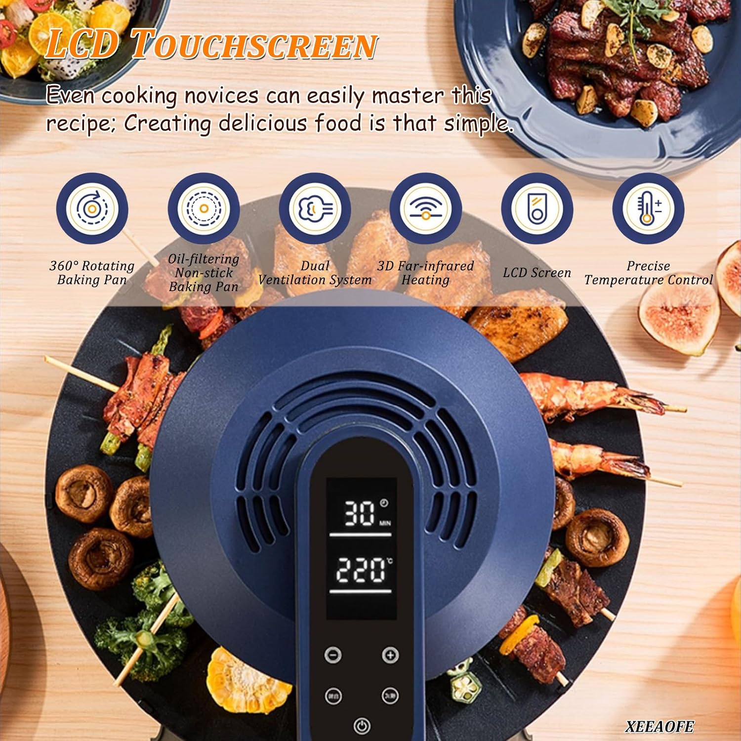 Electric Indoor Grill - Black Smokeless Grill with Smart LED Display, 360° Rotation, 1-80mins Timer & Precise Temperature Control for Kitchen
