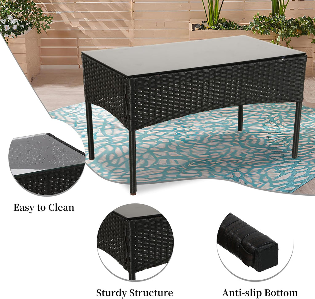 4 Pieces Patio Furniture Set,Rattan Chair Wicker Sofa Garden Conversation Sets,Outdoor Patio Set for Garden Lawn Pool or Backyard,Armrest Chair Loveseat with Tempered Glass Table（Black）