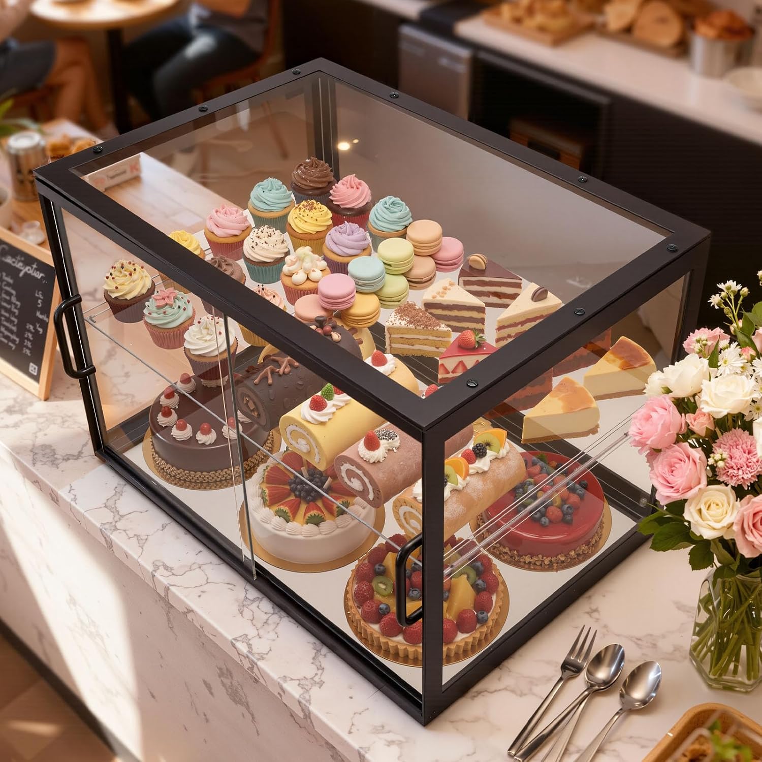 VEVOR Bakery Display Case, 2-Tier Commercial Countertop Pastry Display Case, Clear Acrylic Bread Box for Kitchen, Party Cake Cabinet with Sliding Door for Cookie Dessert Donut, 21.7' x 15.2' x 15.4'