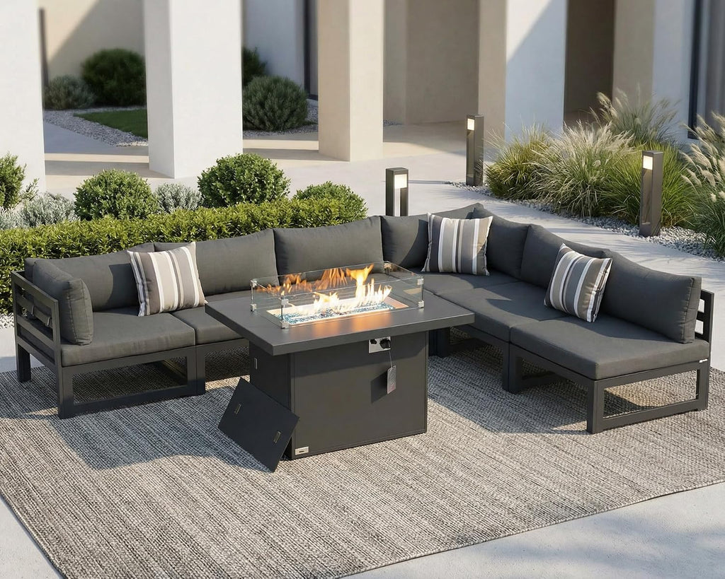 NICESOUL 7 Piece Modern Aluminum Outdoor Furniture Set with Fire Pit Propane/Gas, 29 inch Deep Wide Seat, All Weather Patio Conversation Set, L Shaped Modular Sectional Sofa for Backyard, Dark Gray