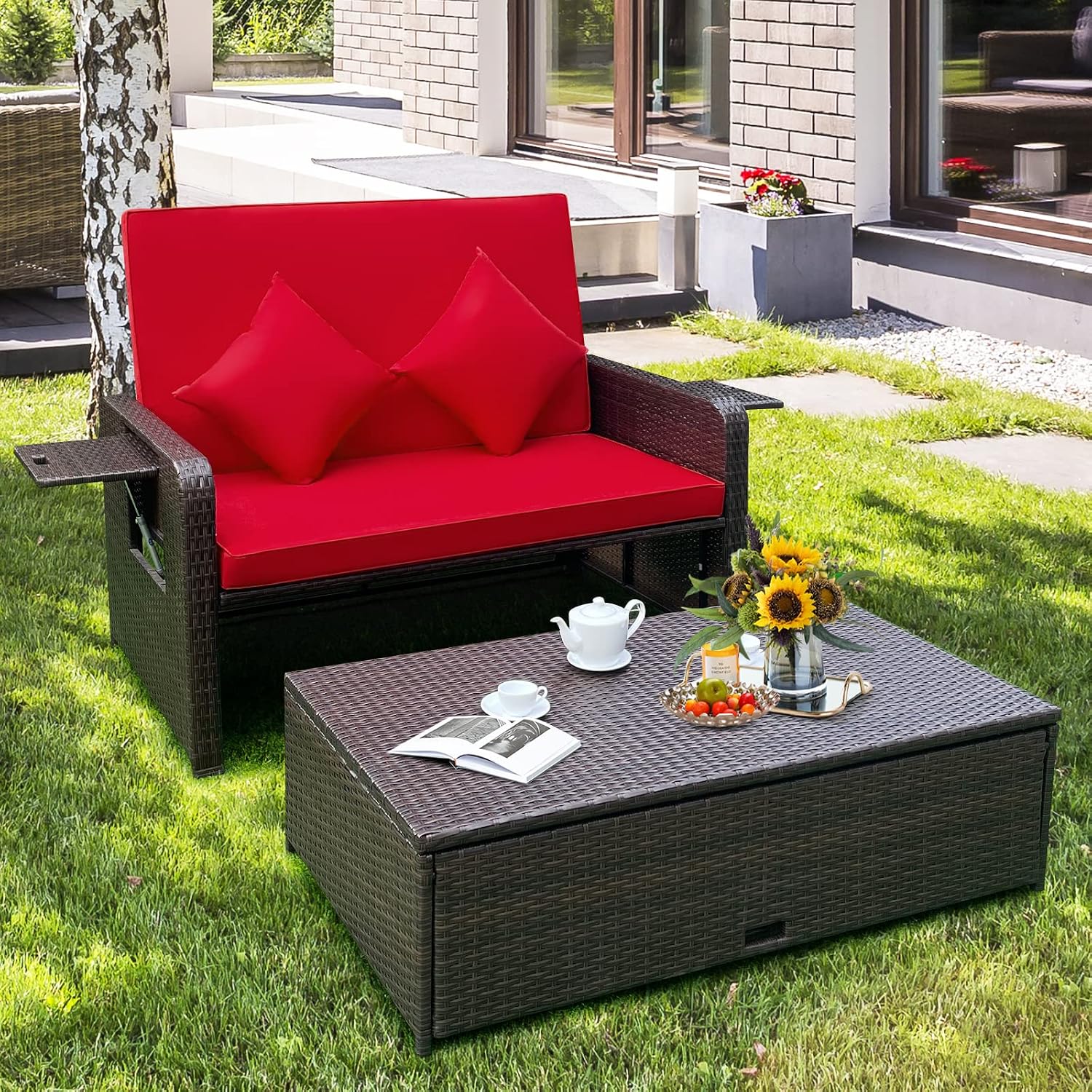 Tangkula Patio Rattan Daybed with 4-Level Adjustable Backrest, Outdoor PE Wicker Loveseat with Storage Ottoman & Folding Side Tray, Double Sunbed Lounger for Balcony, Backyard & Poolside, Red & Brown