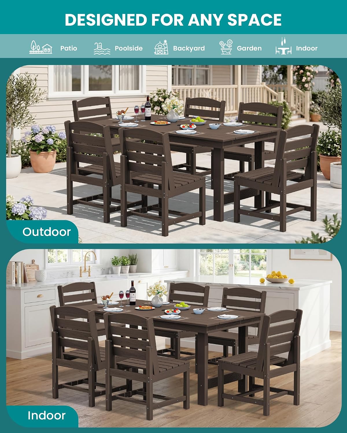 SERWALL Patio Dining Sets for 6 Person, HDPE Dining Set with 6 Armless Chairs, Coffee