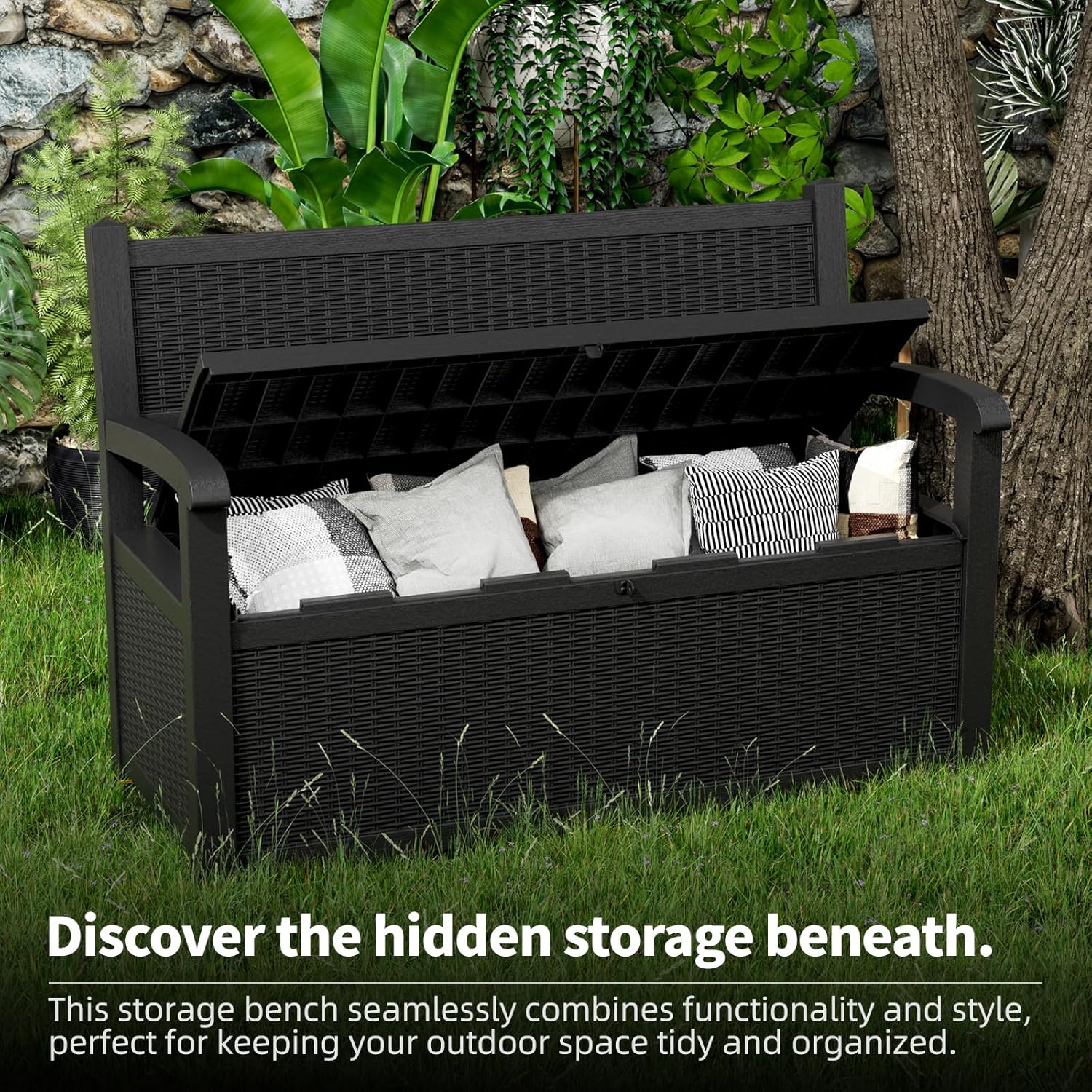 PatioZen 80 Gallon Outdoor Storage Bench Deck Box Waterproof Lockable,Outdoor Storage Furniture for Patio,Garden and Porch,Tools and Cushions（Black）