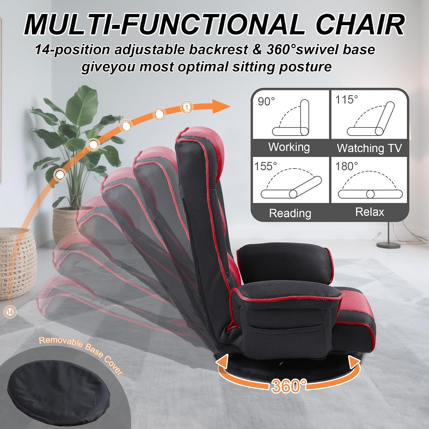 Swivel Floor Chairs for Adults, Floor Gaming Chair with Extra Wide Arms, Back Support 14 Angles Adjustable Comfortable Double Mesh Fabric Lazy Sofa for Video Game Chairs 201 (Black+Red)