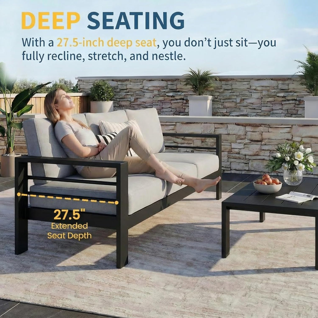 Wisteria Lane Aluminum Outdoor Patio Furniture Set, Modern Patio Conversation Sets, Outdoor Sectional Metal Sofa with 5 Inch Cushion and Coffee Table for Balcony, Garden, Black Frame & Gray Cushion