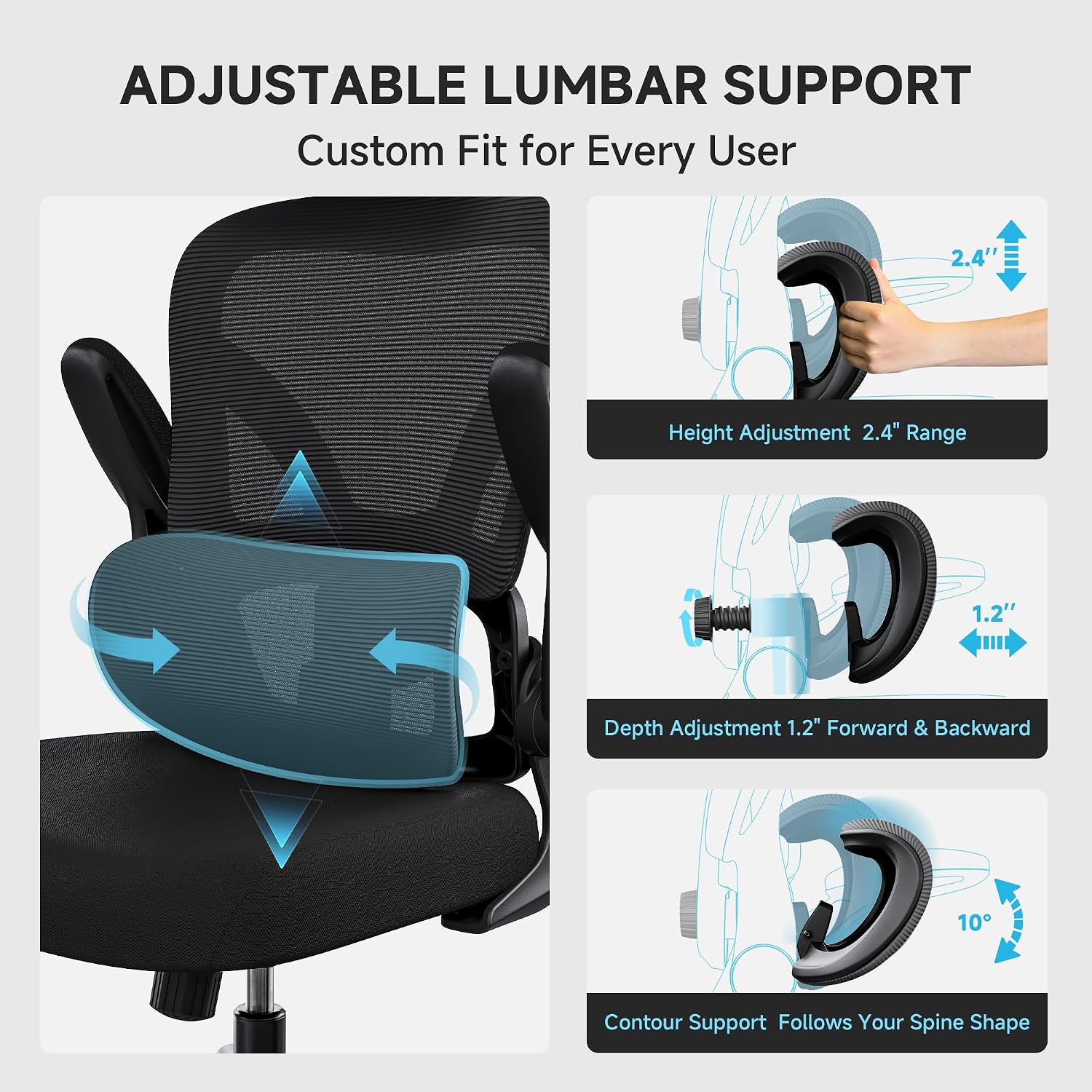 Ergonomic Office Chair, 330LBS Desk Chair with 3-Level Lumbar Support & Headrest, Breathable Mesh Backrest, Flip-Up Armrests for Home Office and Gaming, Black