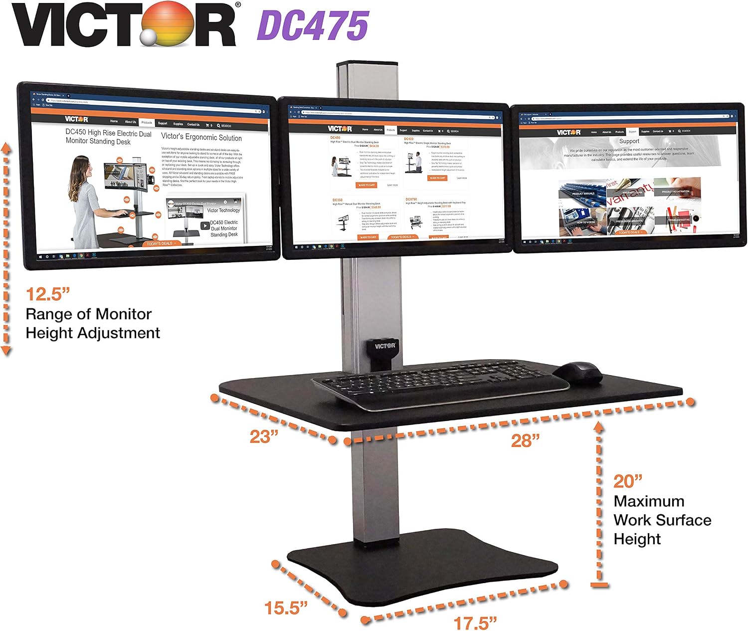 Victor DC475 High Rise Electric Triple Monitor Standing Desk Converter | Three Large Monitor Sit-Stand Desk | 28' Wide Work Surface | Compatible with Any Standard Desk | Adjustable Monitor Holder