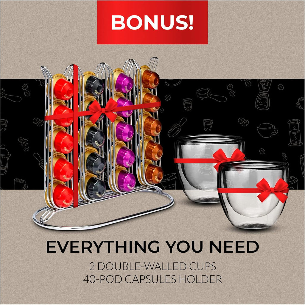 ChefWave Espresso Machine Compatible with Nespresso Capsules (Black) with Capsule Holder, and 2 Glass Cups Bundle with Handheld Milk Frother (2 items)
