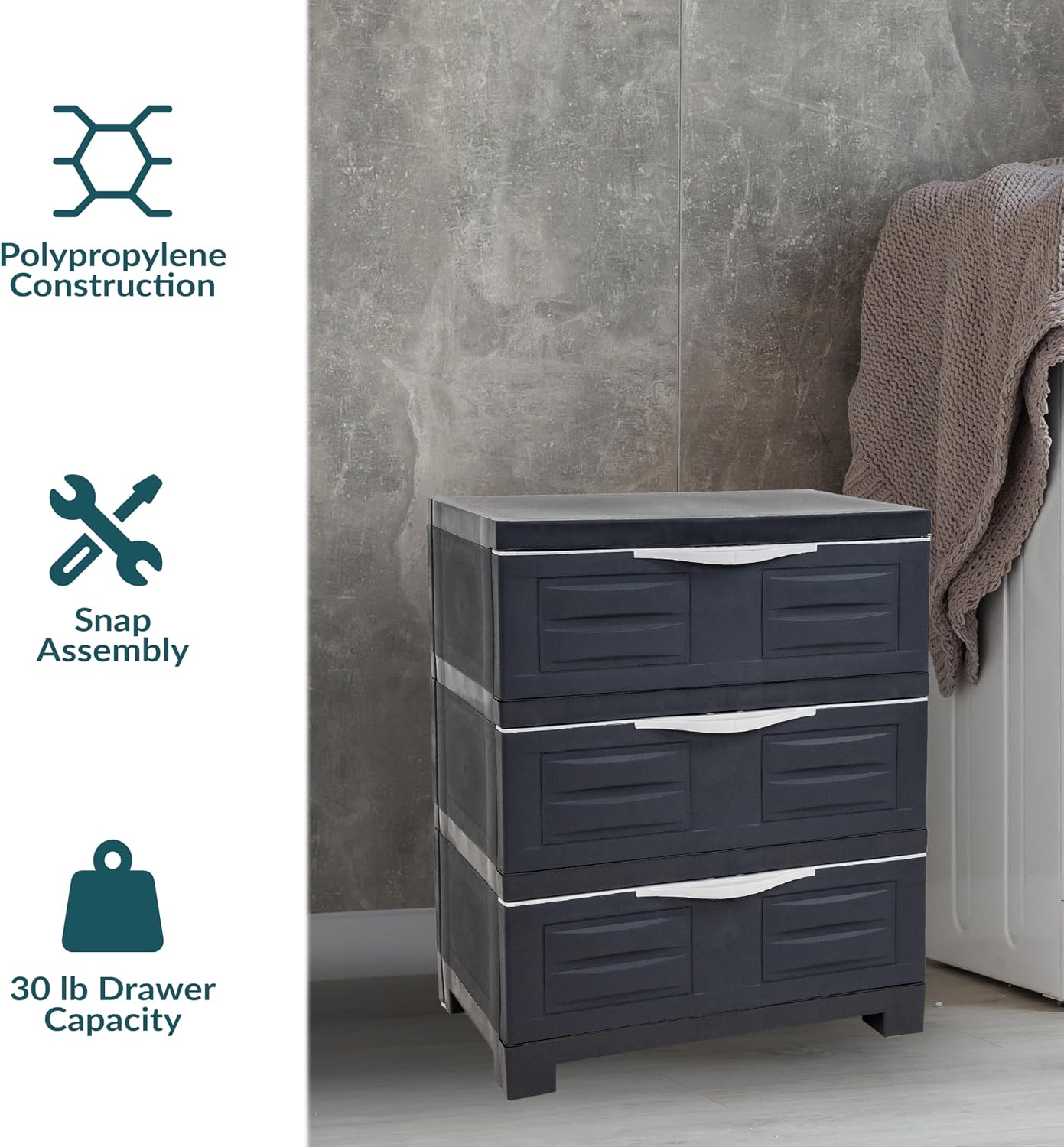 Sunnydaze 29.5' H 3-Tier Storage Cabinet with Drawers - Resin Storage Drawers Organizer - for Garage, Office, Home, Laundry Room - Charcoal