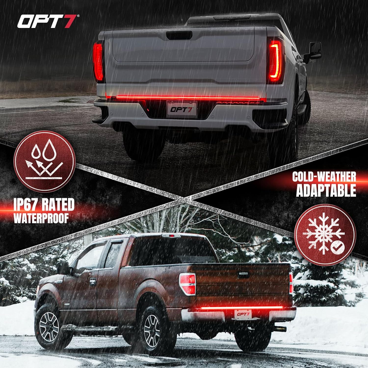 OPT7 Dynamic Taillight for F150 2021-2023 w/OE Halogen Taillights and Blind Spot Monitor – Redline 60' 2-Section Triple Row LED Truck Tailgate Light Bar w/Sequential Amber Turn + Plug'n'Play Harness
