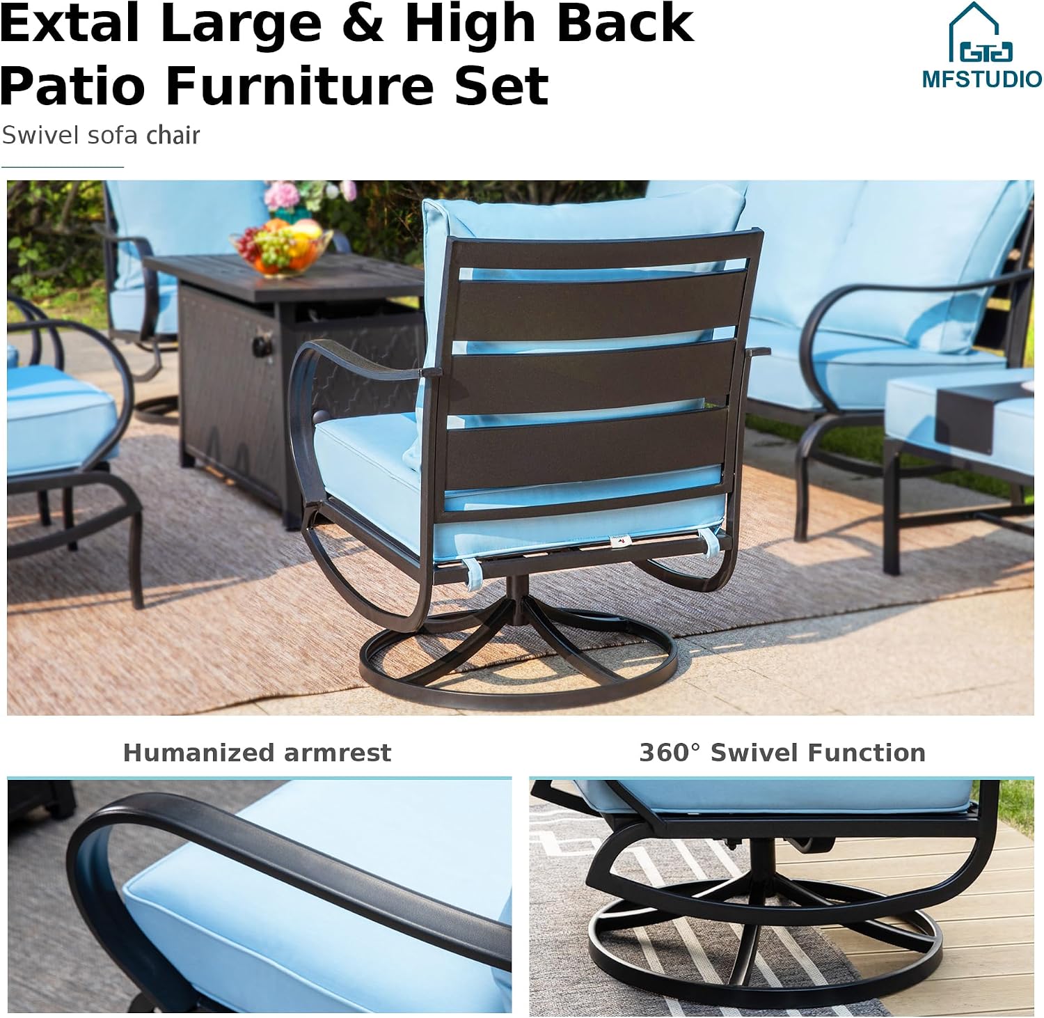 MFSTUDIO 7 Pieces Metal Patio Furniture Sets, 2 Swivel Chairs, 3-Seat Deep Seating Sofa, 2 Single Couch and 2 Ottoman, All Weather 9 Seats Outdoor Conversation Set for Garden Backyard, Blue Cushion
