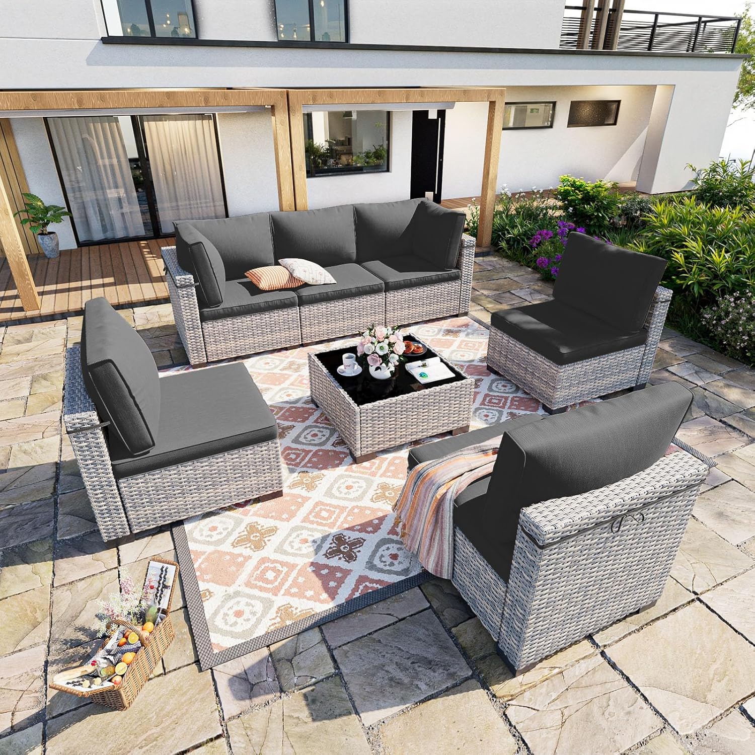 7-Piece Patio Furniture Set, Outdoor Sectional with Thick Cushions, Modular Patio Sofa, Dual-Strand Wicker Rattan, Rust-Resistant Frame, Backyard Furniture for Garden, Deck, Dark Black