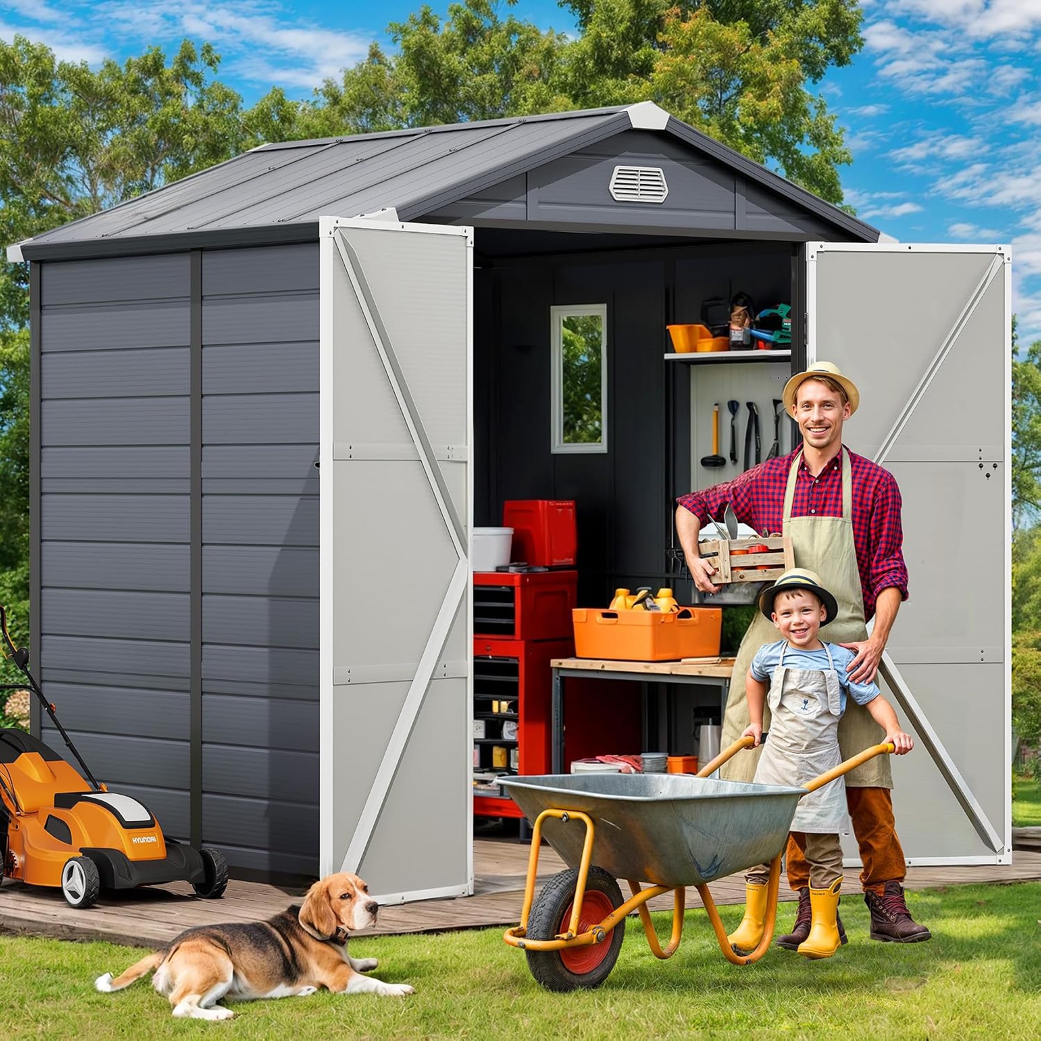 DWVO 6x6FT Outdoor Storage Shed w/o Floor, All-Weather Plastic Shed with Lockable Doors, Window & Vents, Plastic Tool Shed for Backyard, Patio, Poolside, Lawn, Gray