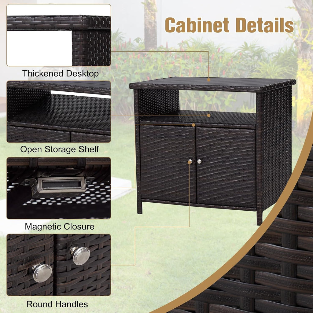 Outdoor Wicker Storage Cabinet - Patio Bar Table with Storage and Doors, Rattan Console Table Buffet Cabinet, Outdoor Storage Unit for Patio, Pool, Garden, Indoor, Kitchen, Dark Brown